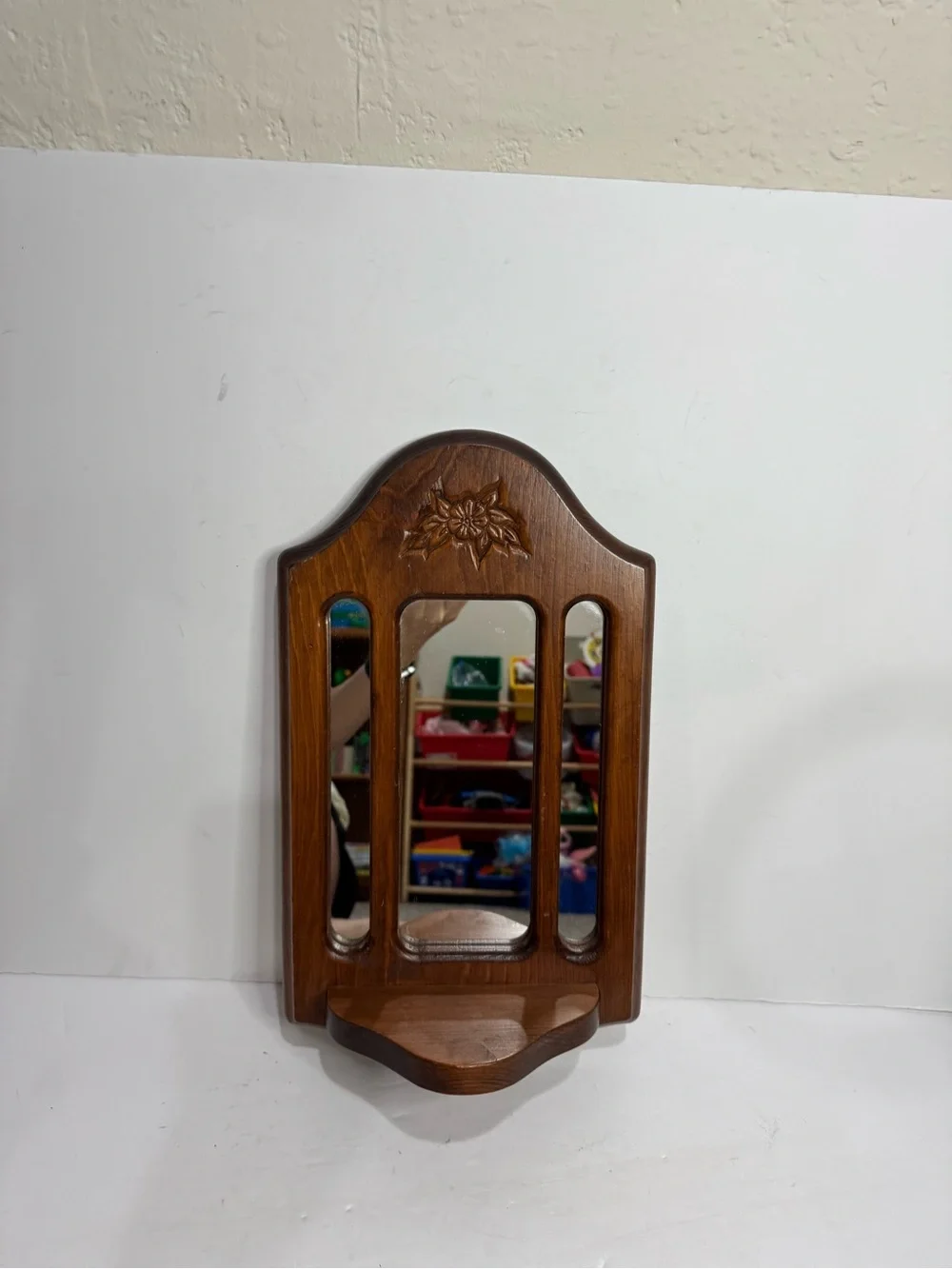 Vintage Dark Wood Cutout Accent Wall Mirror with Small Shelf
